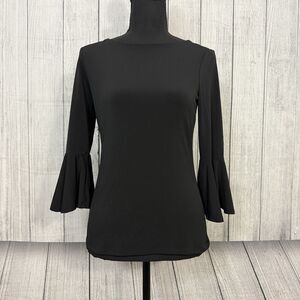 Carmen Marc Valvo Women's XS Black Bell Sleeve Shirt Classic Minimalist